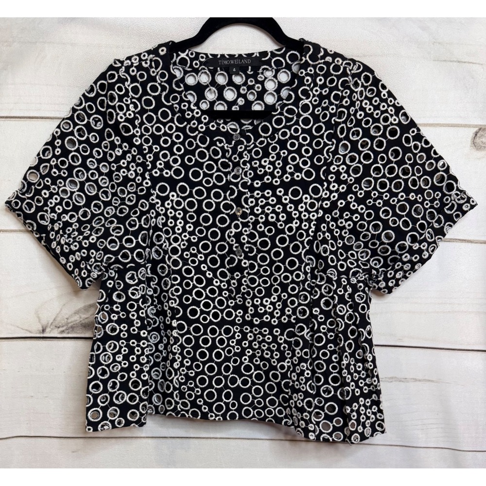 Timo Weiland Womens Black‎ White Circle Eyelet Button Up Short Sleeve Top Size 4